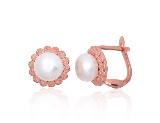 Silver Earrings with Pearl and English Lock, 925 Silver with Red Gold Plating (10 mm)