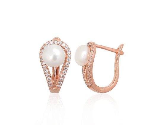 Silver earrings with pearls and cubic zirconia, English lock – 925 sterling silver with rose gold plating