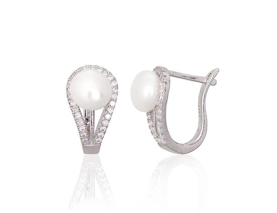 Silver Earrings with “English” Lock, Pearl and Zirconia, 925°, Rhodium Plated