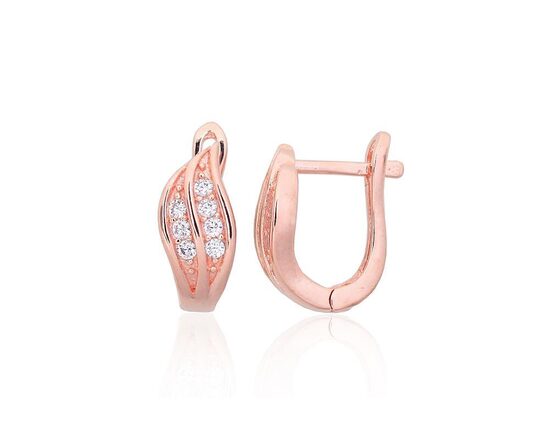 Silver earrings with zirconia, English clasp, 925 sterling silver, rose gold plated