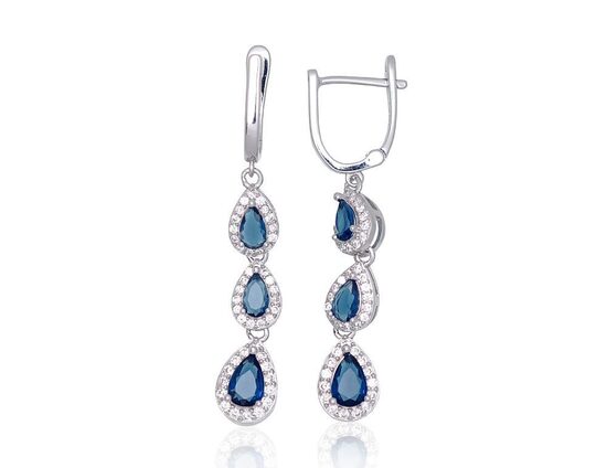 Серебряные серьги с английским замком и тёмно-синими цирконами, 925°, родиевое покрытие