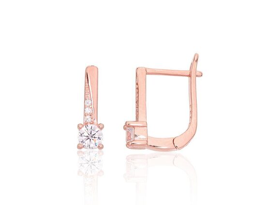 Silver earrings with zirconia and English clasp, 925 sterling silver, rose gold plated