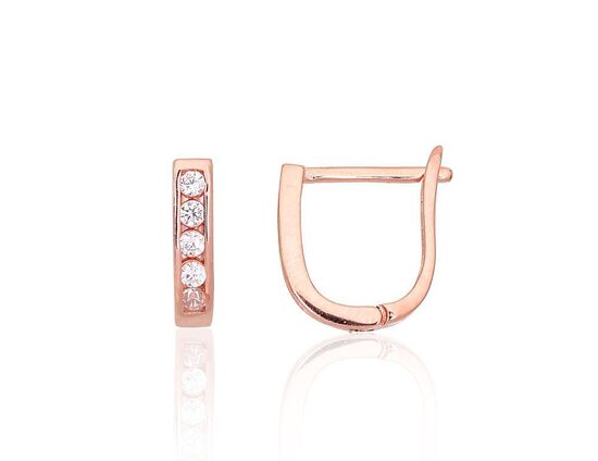 Серебряные серьги с цирконами, английский замок, серебро 925, покрытие красным золотом, 11 мм