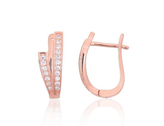 Серебряные серьги с цирконами, английский замок, серебро 925, покрытие красным золотом, 18 мм