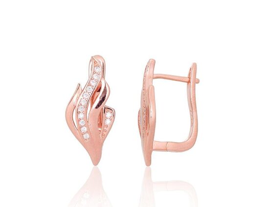 Серебряные серьги с цирконами, английский замок, серебро 925, покрытие красным золотом, 18 мм