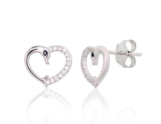 Серебряные серьги-гвоздики «Лебедь в Сердце», серебро 925° с родием