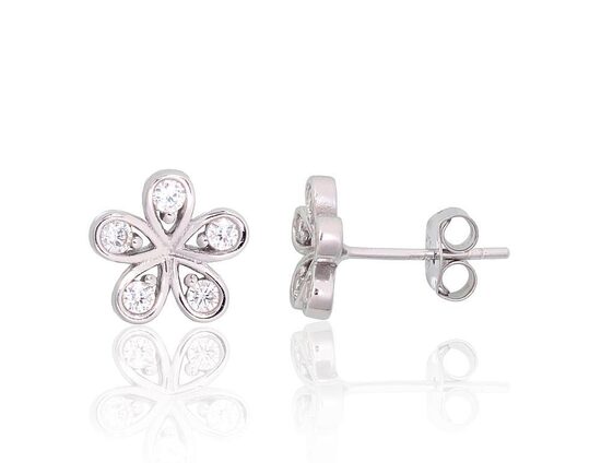 Silver Stud Earrings “Flower” with Zirconia, 925 Sterling Silver with Rhodium Plating