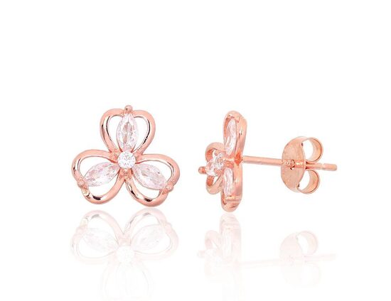 Sudraba auskari-nagliņas Zieds ar cirkoniem, 925° sudrabs ar sarkanā zelta pārklājumu