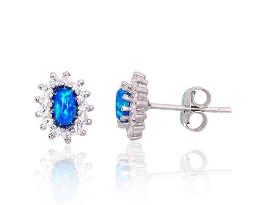 Silver Stud Earrings with Blue Opalite & Zirconia, 925 Sterling Silver with Rhodium Plating