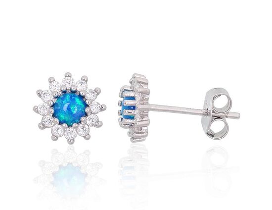 Silver Stud Earrings with Blue Opalite & Zirconia, 925 Sterling Silver with Rhodium Plating