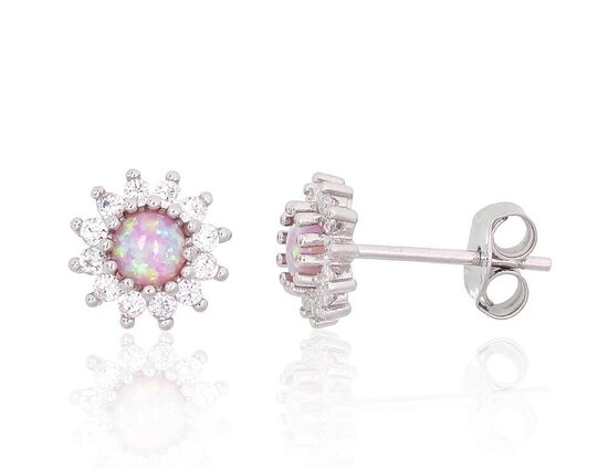 Sterling Silver Stud Earrings with Pink Opalite and Zircons