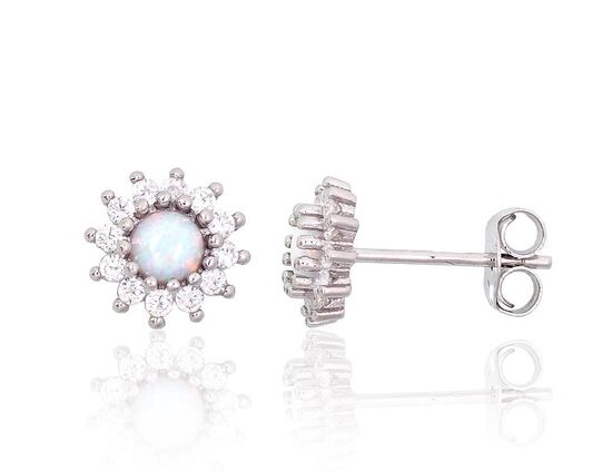 Серебряные серьги-гвоздики с белым опалитом и цирконами, 8 mm, серебро 925° с родием