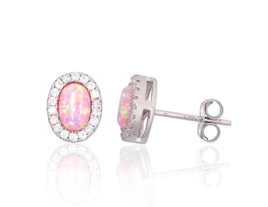Sidabriniai auskarai smeigtukai su rožiniu opalitu ir cirkoniais, 925 sidabras