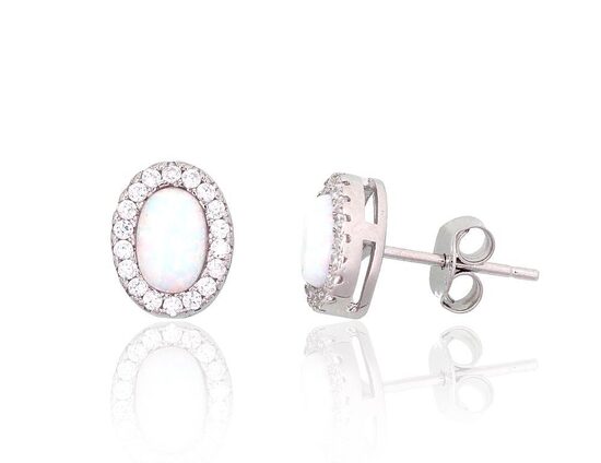Серебряные серьги-гвоздики с белым опалитом и цирконами, серебро 925° с родием