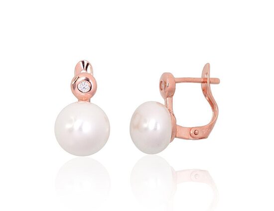 Silver earrings with pearls and cubic zirconia, English lock – 925 sterling silver with rose gold plating