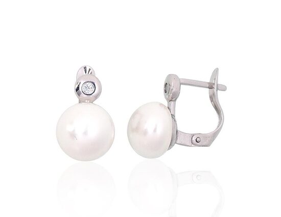 Silver earrings with pearls and cubic zirconia, English lock – 925 sterling silver with rhodium plating