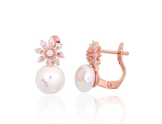 Silver earrings with pearls and cubic zirconia, English lock – 925 sterling silver with rose gold plating