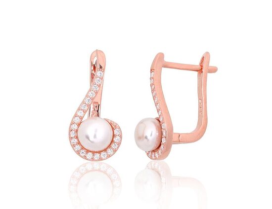 Silver earrings with pearls and cubic zirconia, English lock – 925 sterling silver with rose gold plating, 18 mm