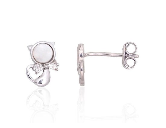 Sterling Silver Kitty Stud Earrings with Mother of Pearl and Zirconia – 925 Sterling Silver, Rhodium Plated