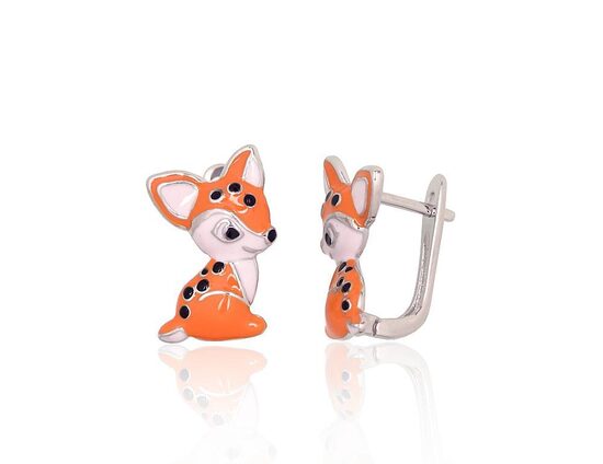 Детские серебряные серьги с эмалью «Лисичка», английский замок, серебро 925°