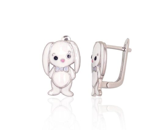 Children’s silver earrings with enamel “Bunny”, English lock, 925 sterling silver, rhodium plated