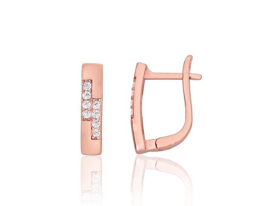 Silver Earrings with “English” Lock, Cubic Zirconia and Red Gold Plating