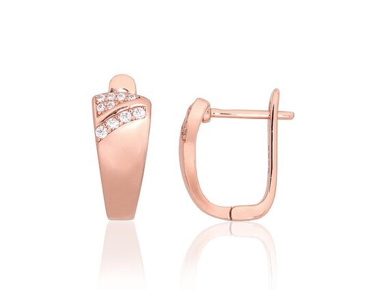 Silver Earrings with “English” Lock, Cubic Zirconia and Red Gold Plating
