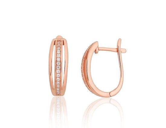 Silver Earrings with “English” Lock, Cubic Zirconia and Red Gold Plating