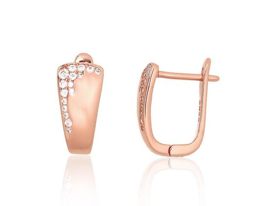 Silver Earrings with “English” Lock, Cubic Zirconia and Red Gold Plating