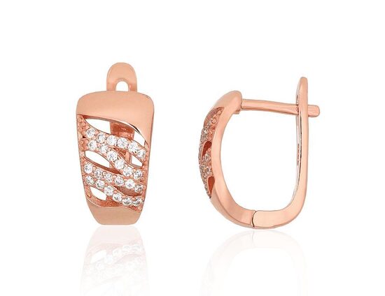 Silver Earrings with “English” Lock, Cubic Zirconia and Red Gold Plating