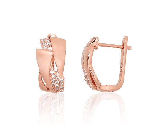 Silver Earrings with “English” Lock, Cubic Zirconia and Red Gold Plating