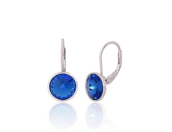 Серебряные серьги с английским замком, 925°, родиевое покрытие, тёмно-синие кристаллы