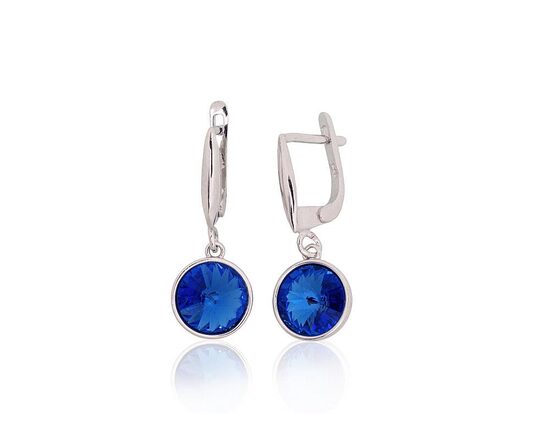 Silver Earrings with English Lock, 925°, Rhodium Plated, Dark Blue Crystals