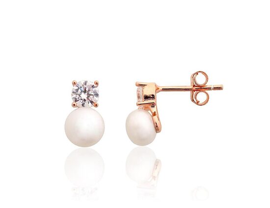 Silver Stud Earrings with Pearl and Zircon, Sterling Silver 925°, Red Gold Plated