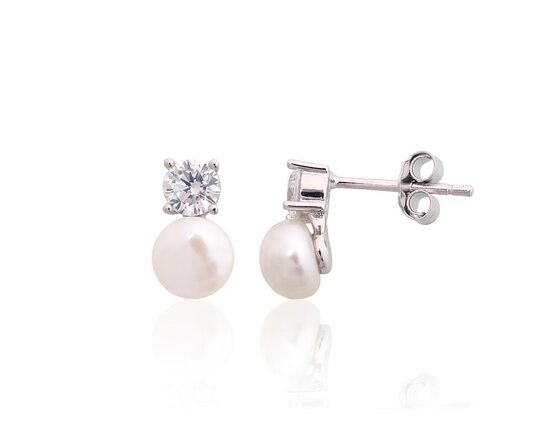 Silver stud earrings with pearls and cubic zirconia – 925 sterling silver with rhodium plating, 10 mm