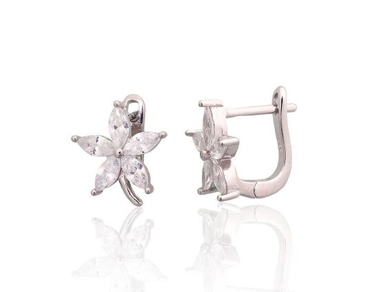 Серебряные серьги с английским замком, 925°, родиевое покрытие, цирконы