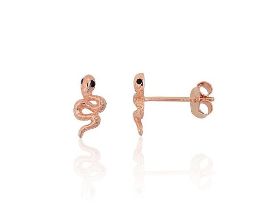 Серебряные серьги-гвоздики Змея с цирконами, серебро 925° с покрытием красным золотом