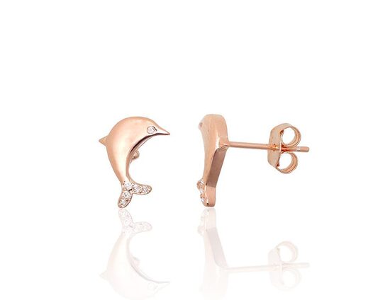 Children’s Silver Stud Earrings Dolphin with Zircon, 925 Sterling Silver, Rose Gold Plated