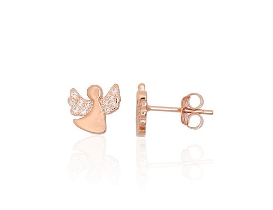 Детские серебряные серьги-гвоздики Ангел с цирконами, серебро 925° с покрытием красным золотом, 9 мм