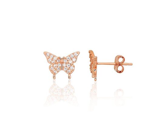 Детские серебряные серьги-гвоздики Бабочка с цирконами, серебро 925° с покрытием красным золотом, 8 мм