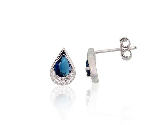Silver Stud Earrings with Blue Zirconia, 925 Sterling Silver with Rhodium Plating