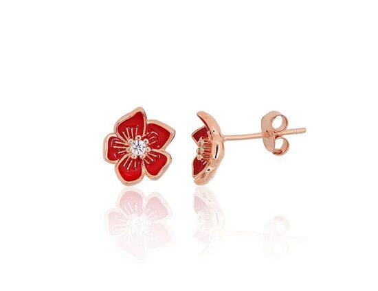Silver stud earrings “Flower” with zirconia and enamel, 925 sterling silver, rose gold plated