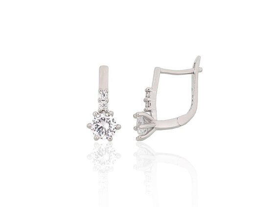 Серебряные серьги с английским замком и цирконами, родиевое покрытие