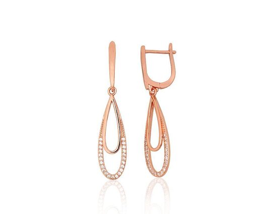 Silver Earrings with Zirconia and English Lock, 925 Silver with Rose-Gold Plating