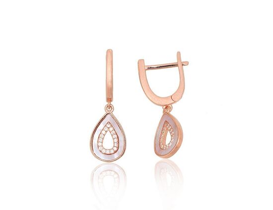 Silver earrings with mother of pearl and zirconia, 925 sterling silver with gold plating, English lock