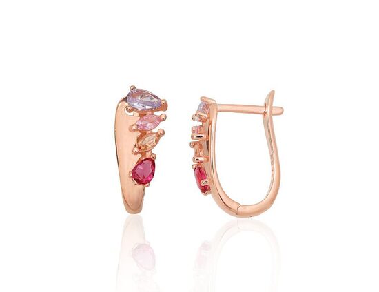 Серебряные серьги с цирконами, английский замок – 925°, покрытие розовым золотом, 18 мм