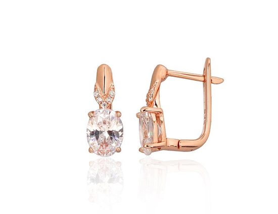 Silver Earrings with “English” Lock, Cubic Zirconia and Red Gold Plating