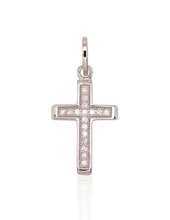 Серебряный католический крестик кулон с цирконами, 925°, родиевое покрытие