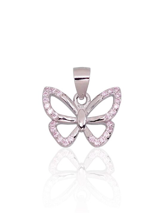 Silver Butterfly Pendant with Light Pink Zirconia, Rhodium Plated 925 Silver
