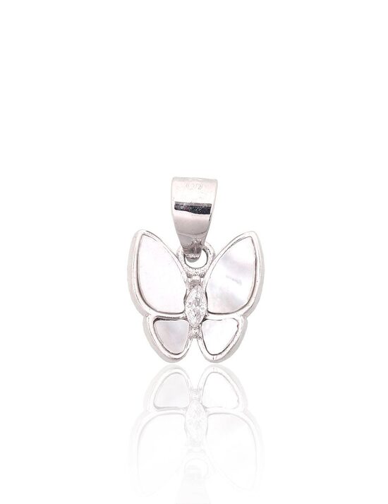 Children’s Silver Pendant “Little Butterfly”, 925 Silver with Rhodium Plating, Zirconia & Mother of Pearl